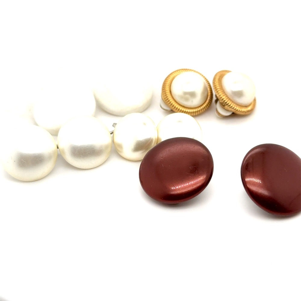 Vintage Clip On Earring Lot Faux Pearl Gold Tone Burgundy Button Style 5 Pairs